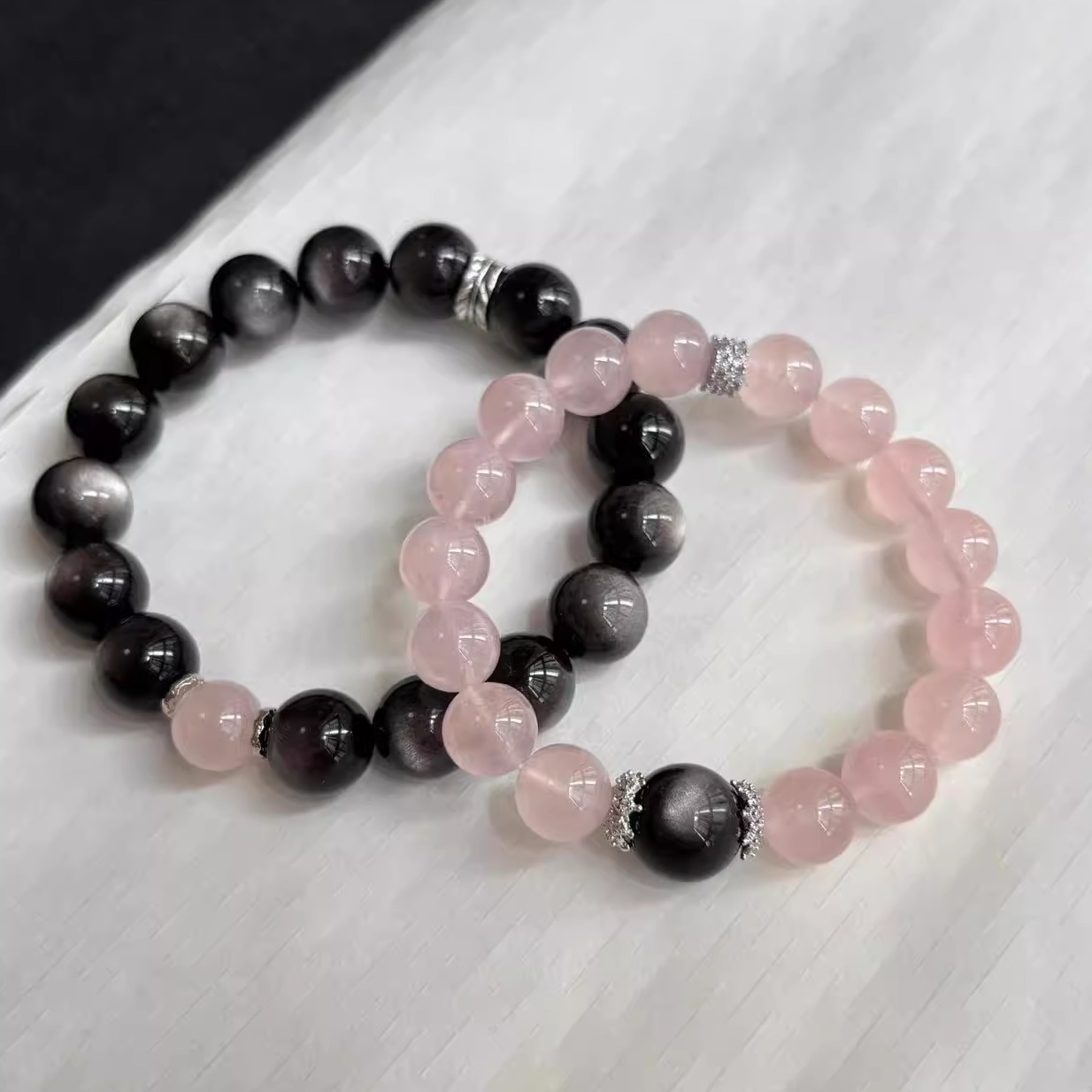 时尚情侣款男女朋友百搭款银曜石粉水晶手串手链送朋友礼物