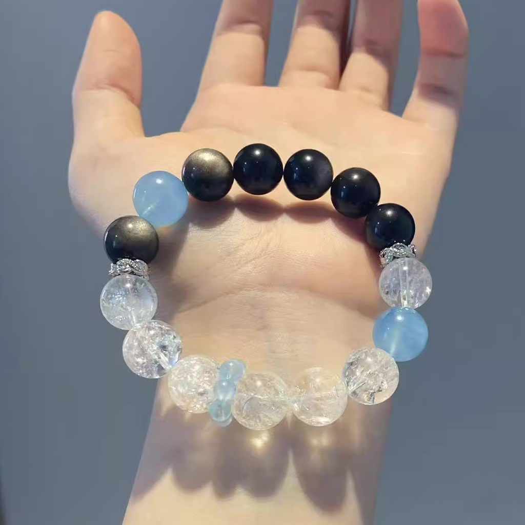 【幽蓝星芒】时尚设计款白阿赛银曜石海蓝宝水晶手串小众气质手链