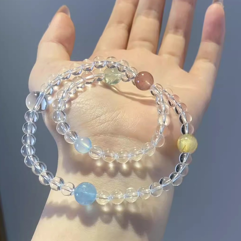 多巴胺多宝双圈手串海蓝宝金发晶绿萤石草莓晶白水晶手链彩虹糖