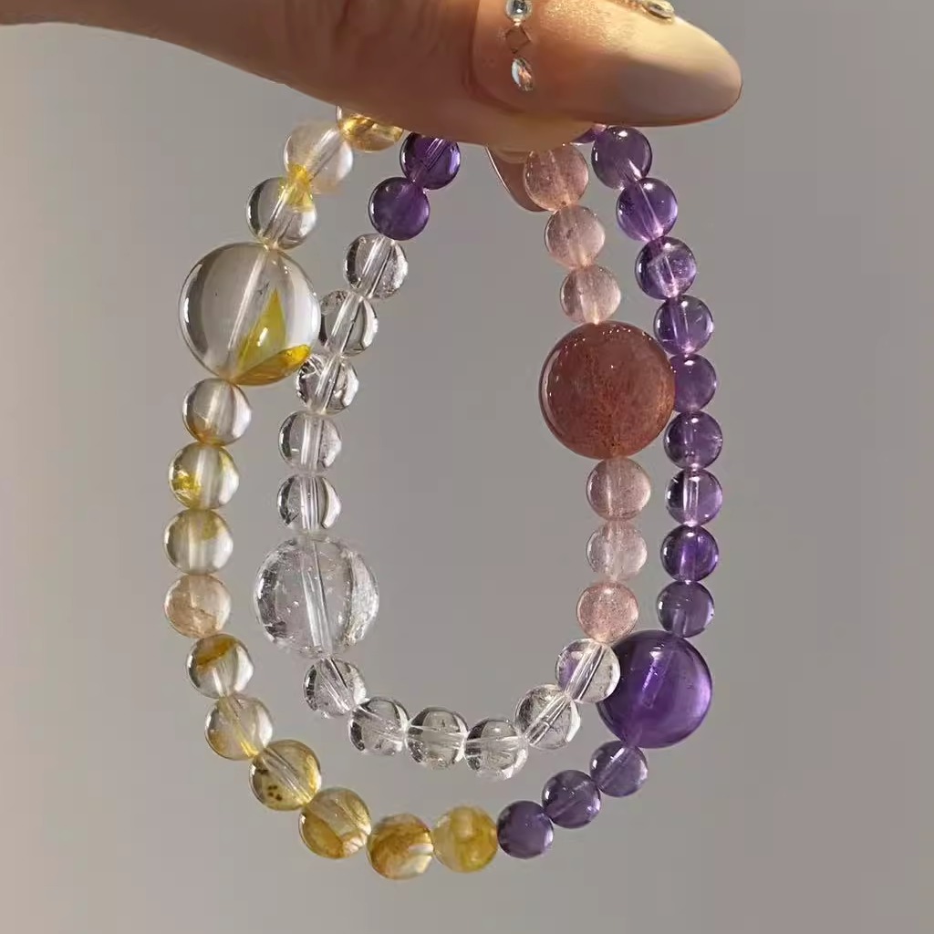 【四色梦境】巴西紫水晶黄胶花白阿塞草莓晶双圈手串手链送朋友