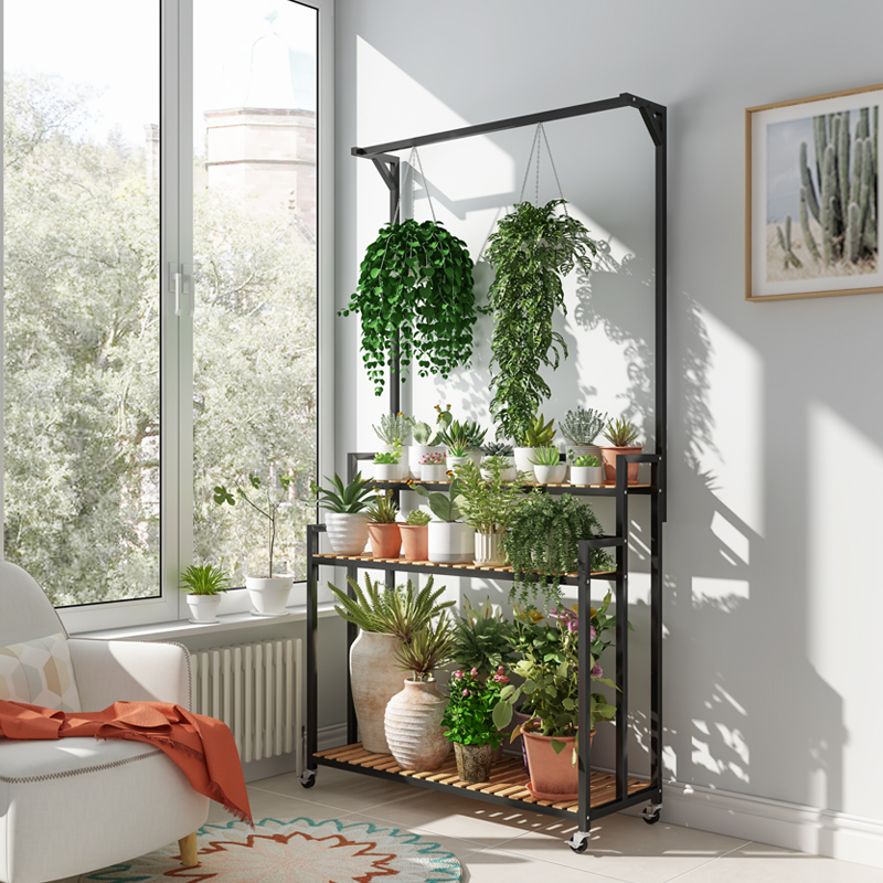 带轮铁艺花架置物架阳台花架子客厅落地式室内多层实木质盆景架子