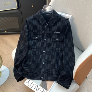 黑色花纹翻领夹克植绒厚款 少量现货 通勤百搭外套男 余单 H家