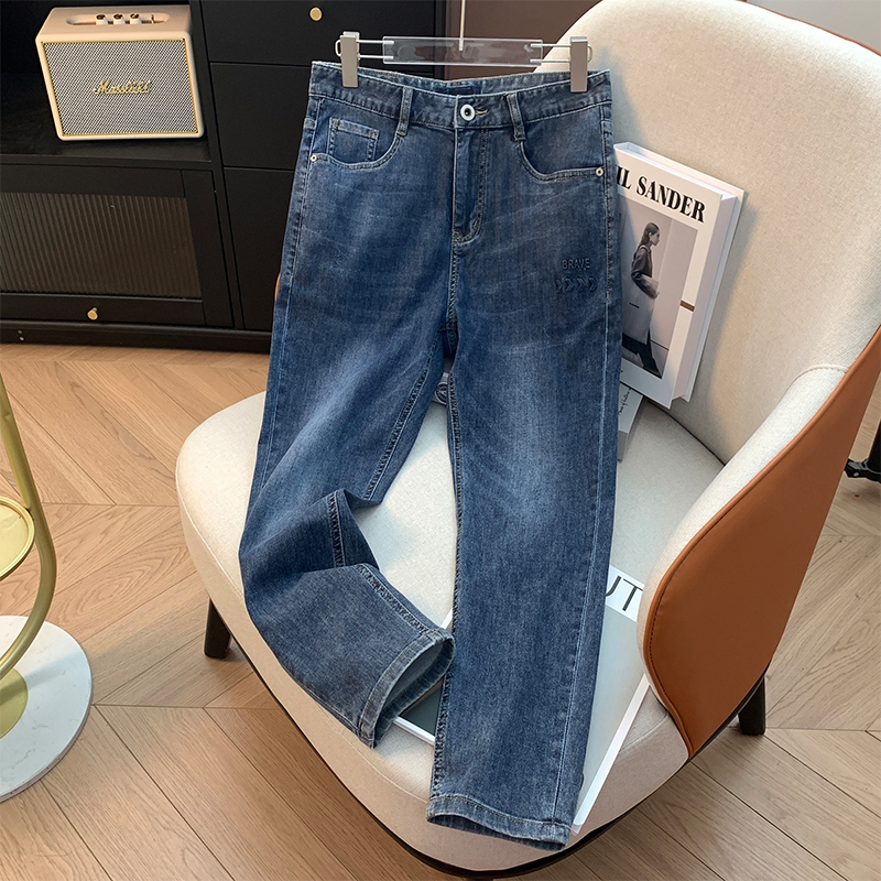 H标、余单!少量现货!88棉 蓝色中腰小直筒九分弹力夏季薄牛仔裤