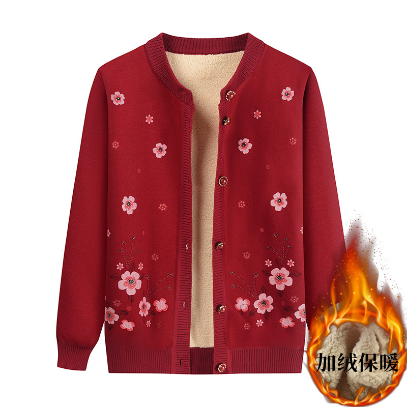 中老年人秋冬奶奶冬装一体加绒毛衣羊羔绒妈妈保暖内衣老人衣服