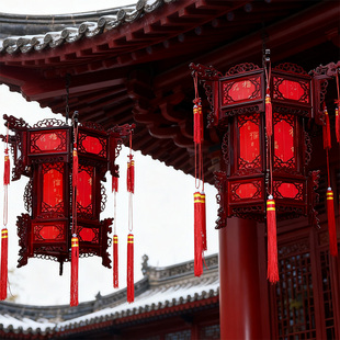 中式实木宫灯仿古六角大红乔迁新年灯笼户外古典结婚阳台吊灯挂饰