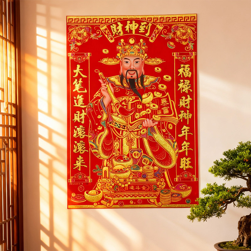 过年财神爷挂画绒布墙贴烫金卷轴挂件财神到门贴纸文财神贴画年画,节庆用品/礼品,福字/窗花/窗贴,淘宝优惠券,粉丝福利购,淘宝优惠卷
