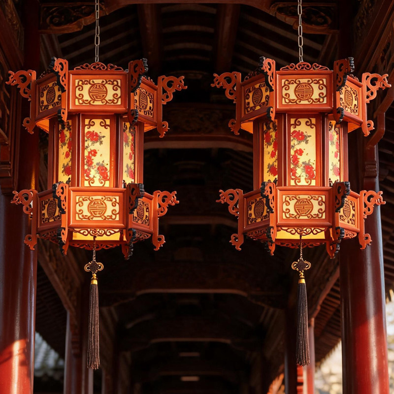 中式仿古实木六角宫灯春节过年乔迁大门别墅阳台吊灯户外大红灯笼