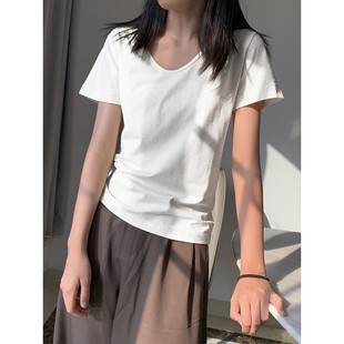 正肩白色短袖t恤女夏季V领薄款新款低领宽松U领基础款上衣打底衫