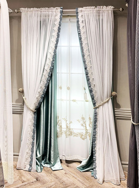 轻奢美式韩式田园白色六角网格纱蓝色高经密衬布窗帘盘绣绳绣纱