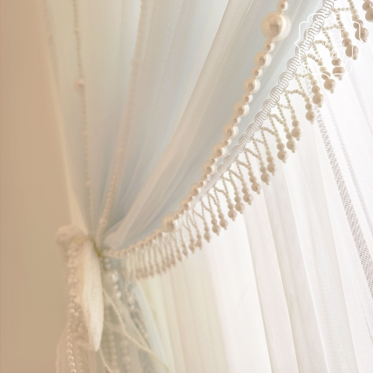 免打孔魔术贴法式奶油风门帘窗帘隔断帘蓝色珍珠串珍珠花边,居家布艺,定制窗帘,淘宝优惠券,粉丝福利购,淘宝优惠卷