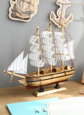 30cm实木摆件帆船模型办公室家居一帆风顺船地中海装饰品工艺品