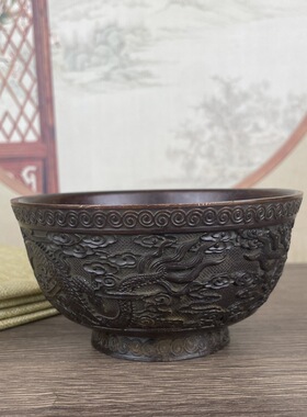 款式全仿古合金金钱元宝碗家居饰品玄关摆件仿古双龙碗