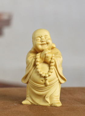 黄杨木雕念珠弥勒佛手把件汽车摆件恭喜发财木质工艺品家居