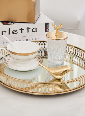 跨境欧式镜面金属托盘感摆件轻奢家居桌面玻璃装饰收纳盘