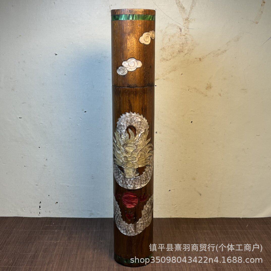 旧藏仿古草花梨木雕刻圆形香筒花梨木镶贝壳龙图香筒四方香筒