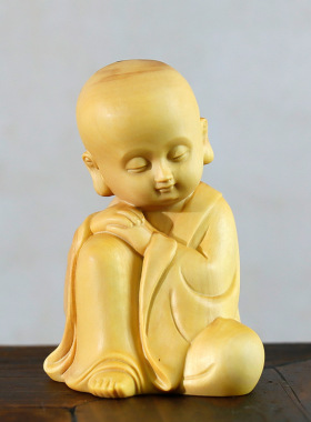 黄杨木雕刻小和尚摆件新中式禅意家居饰品木质茶宠人物摆设小沙弥
