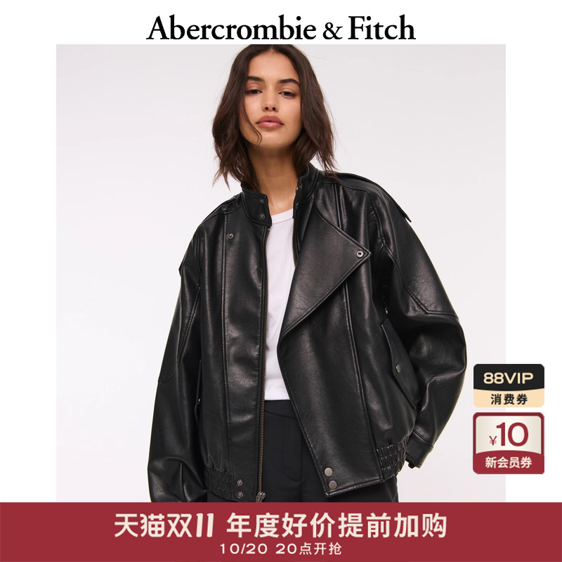 AF女装25秋冬新款美式宽松拉链PU皮衣飞行员夹克外套144-5156