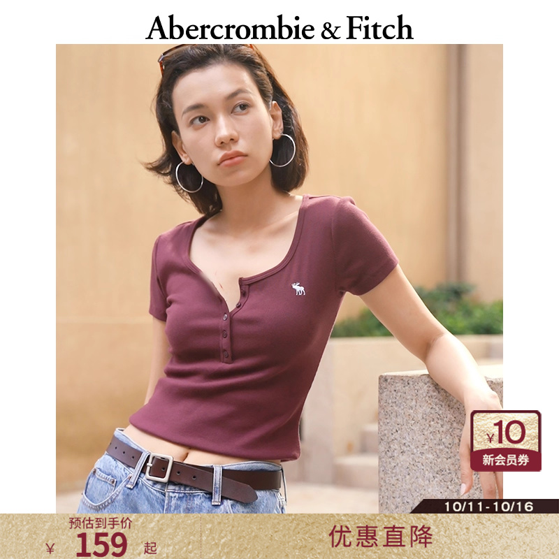 AF经典小麋鹿图案女装25夏季美式亨利领修身短袖T恤139-5704