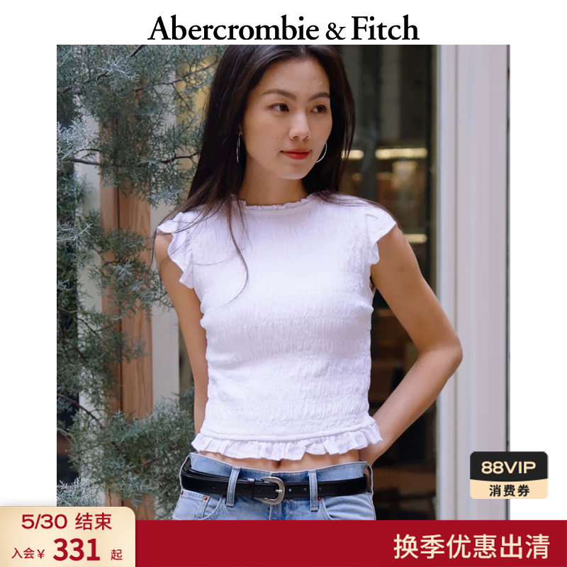 AF美式复古亚麻混纺修身蝴蝶结系带小飞袖衬衫26春夏女装140-
