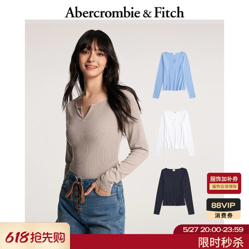 AF经典小麋鹿图案美式修身打底小V领长袖T恤上衣26春女装139-6134