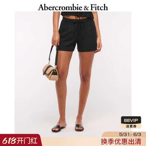 亚麻混纺松紧腰休闲短裤