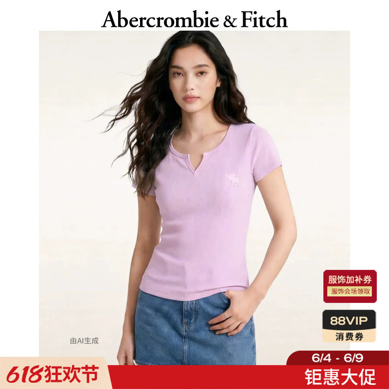 AF经典大麋鹿图案美式修身小V领短袖打底T恤26春夏女装139-6119