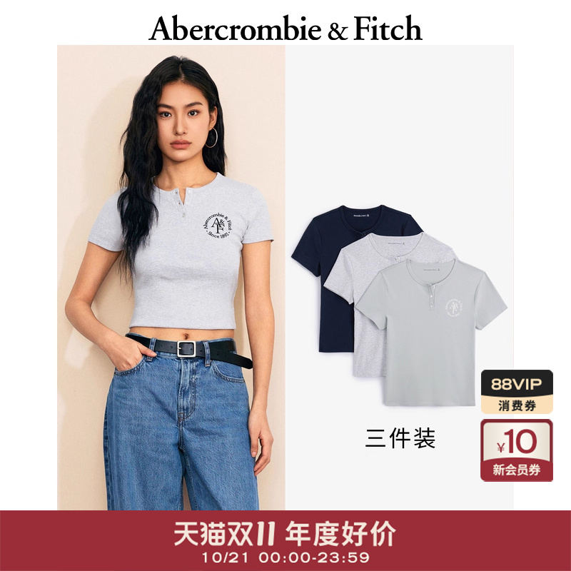 LOGO图案亨利领短袖T恤上衣