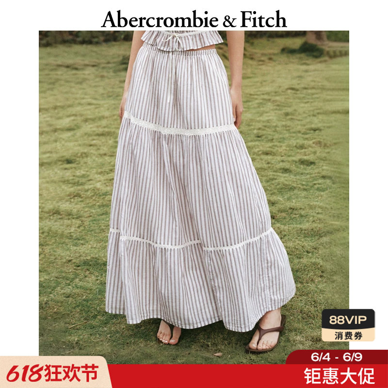 AF波西米亚度假风条纹棉质蕾丝半身伞裙长裙26夏女装143-6341