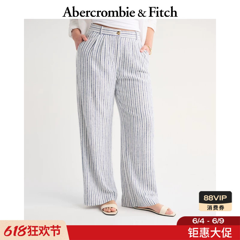 AF美式轻薄亚麻混纺条纹舒适阔腿休闲裤长裤26夏新款女装156-6041