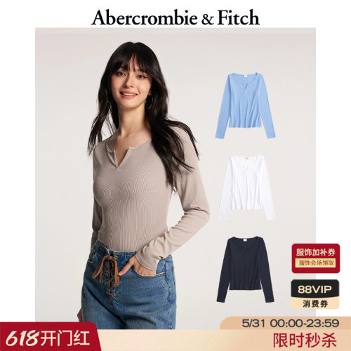 AF经典小麋鹿图案美式修身打底小V领长袖T恤上衣26春女装139-6134