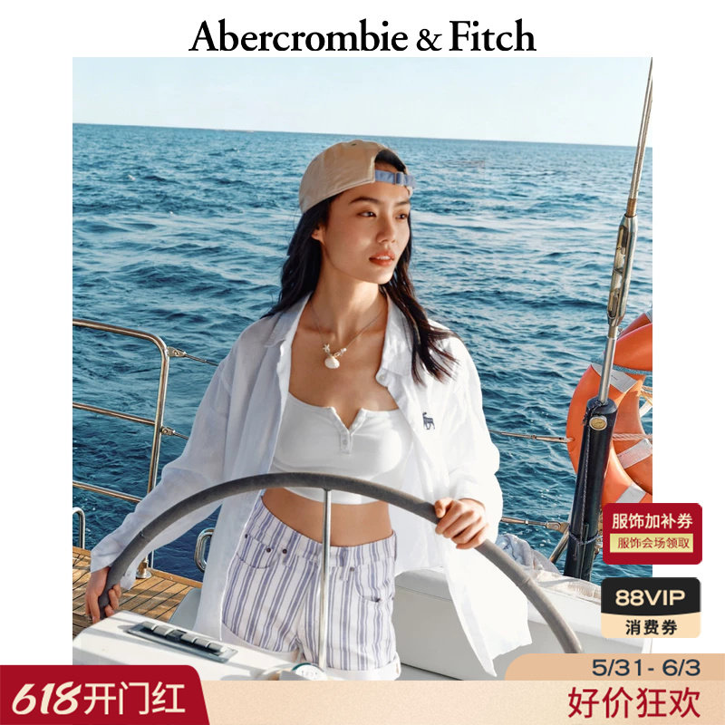 AF经典大麋鹿图案美式慵懒度假风亚麻长袖衬衫26春夏女装140-6074