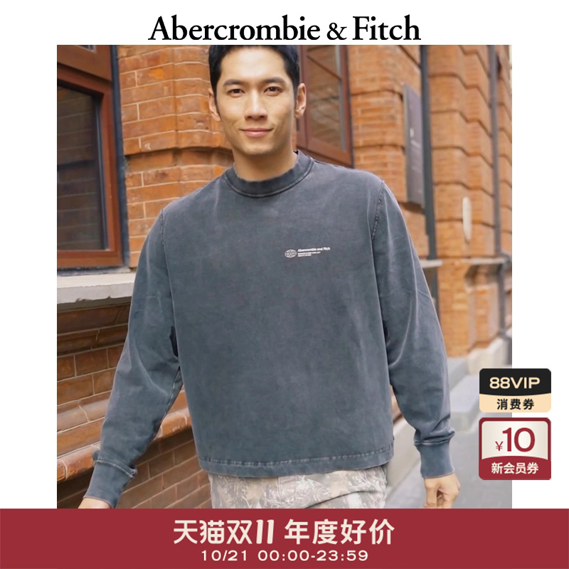 美式复古做旧宽松圆领长袖T恤