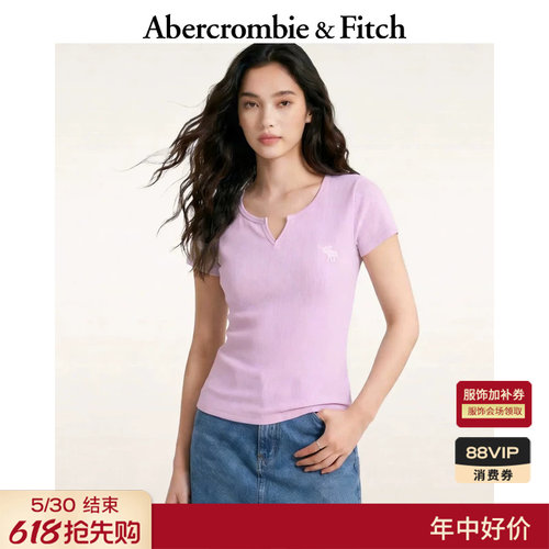 AF经典大麋鹿图案美式修身小V领短袖打底T恤26春夏女装139-6119