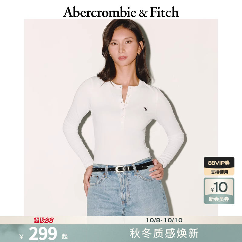AF经典小麋鹿图案女装25秋季新款修身亨利领长袖T恤139-5848