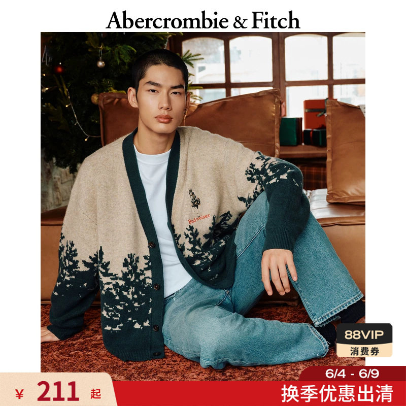 AF美式时尚百威啤酒图案长袖毛衣针织开衫25秋冬男装120-5210