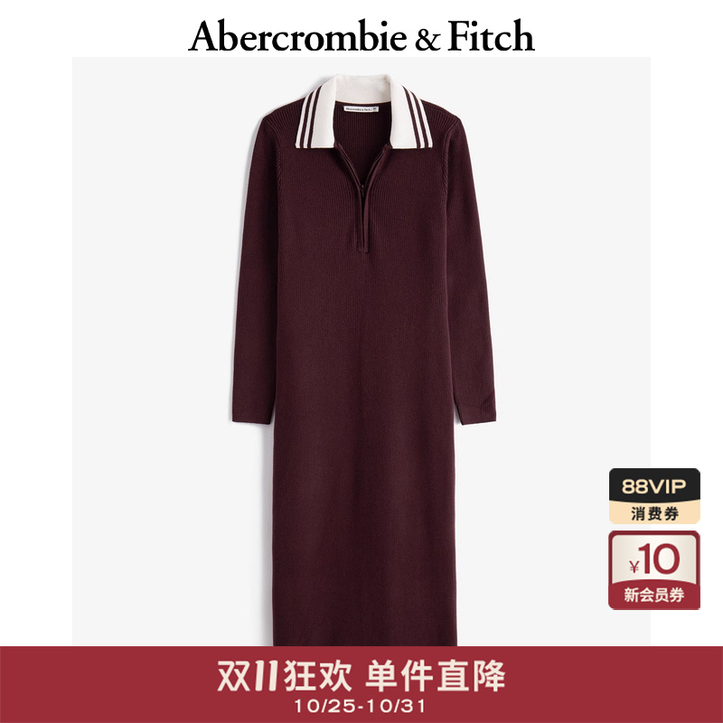 修身翻领半开襟长袖针织连衣裙