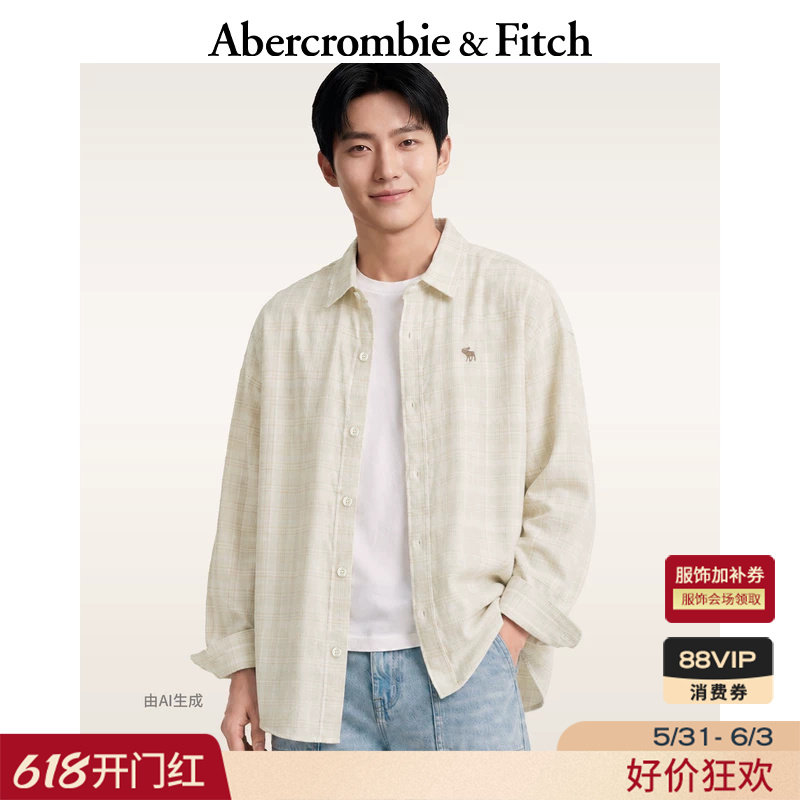 AF经典小麋鹿图案美式格纹棉麻混纺长袖衬衫26夏新款男装125-6122