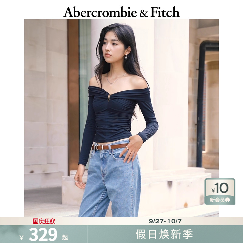 AF女装25秋季新款修身性感辣妹褶皱一字肩露肩长袖T恤139-5664