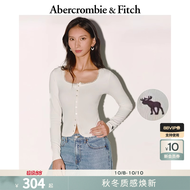AF经典小麋鹿图案女装25秋季新款修身方领罗纹长袖T恤139-5708
