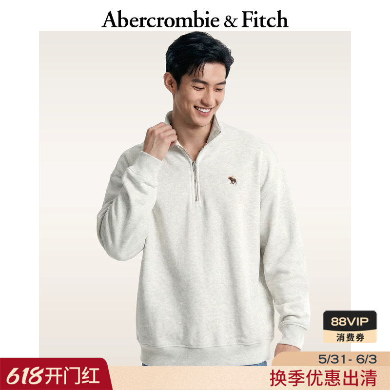 AF经典小麋鹿图案美式毛圈布半拉链套头卫衣26春男装122-6184