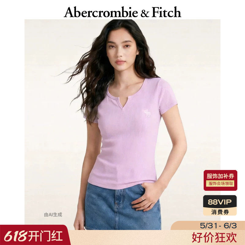 AF经典大麋鹿图案美式修身小V领短袖打底T恤26春夏女装139-6119