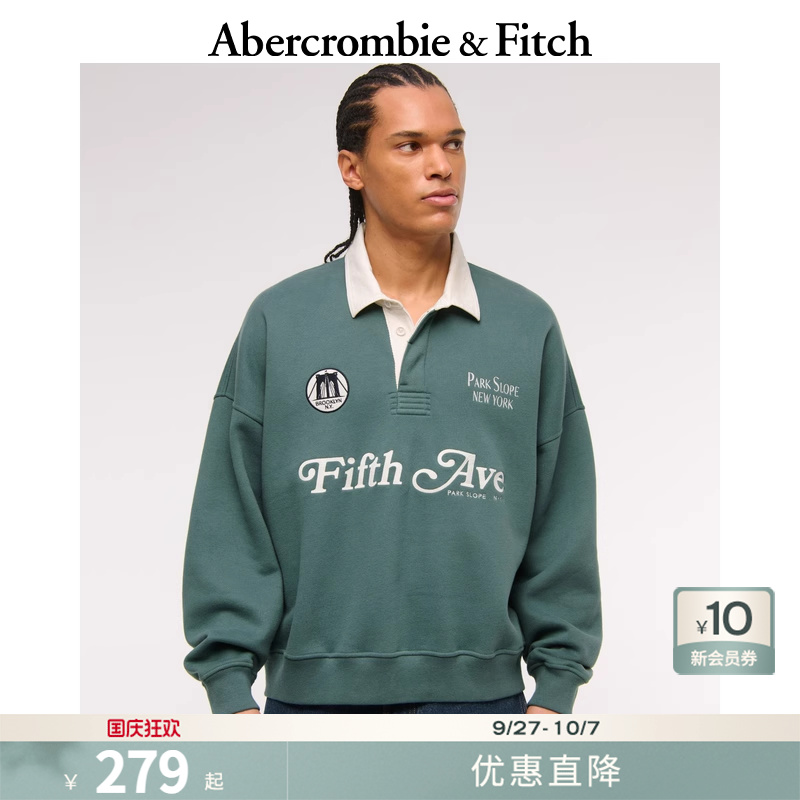AF男装25春季抓绒复古印花宽松POLO领长袖套头运动卫衣122-5293