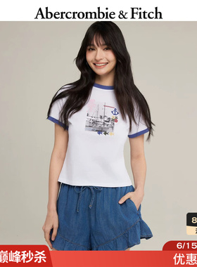 AF美式复古航海风图案白色撞色纯棉短袖T恤26夏女装157-6093