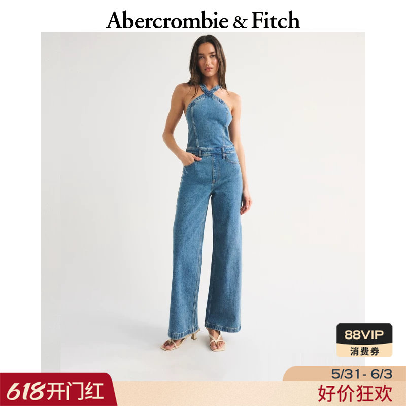 AF美式蓝色可调节背带挂脖露背牛仔连体裤26春夏女装159-65
