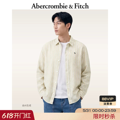 AF小麋鹿图案美式条纹亚麻衬衫