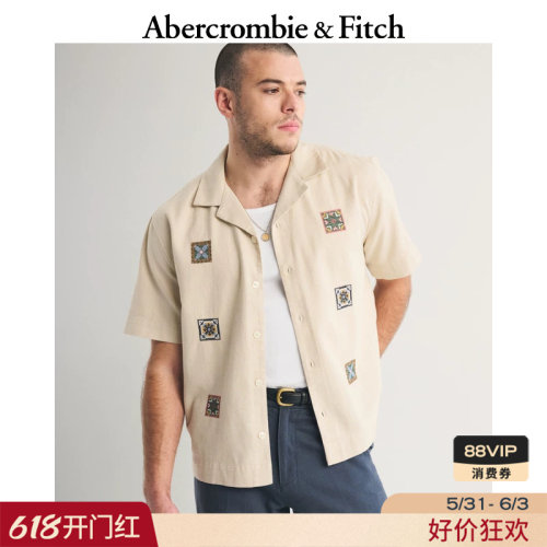 AF美式复古慵懒度假风古巴领棉麻混纺短袖衬衫26春夏男装125-6054