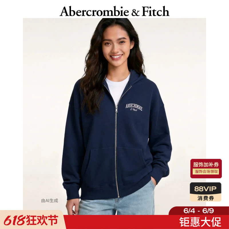 AF美式复古LOGO时尚抓绒连帽开衫卫衣外套26春夏女装152-6373