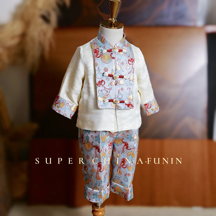 男宝中式抓周服夏款真丝薄款短袖