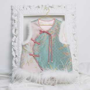 原创新中式冬款加棉厚款中国风女童年服马夹鸵鸟毛貂毛女宝唐装冬