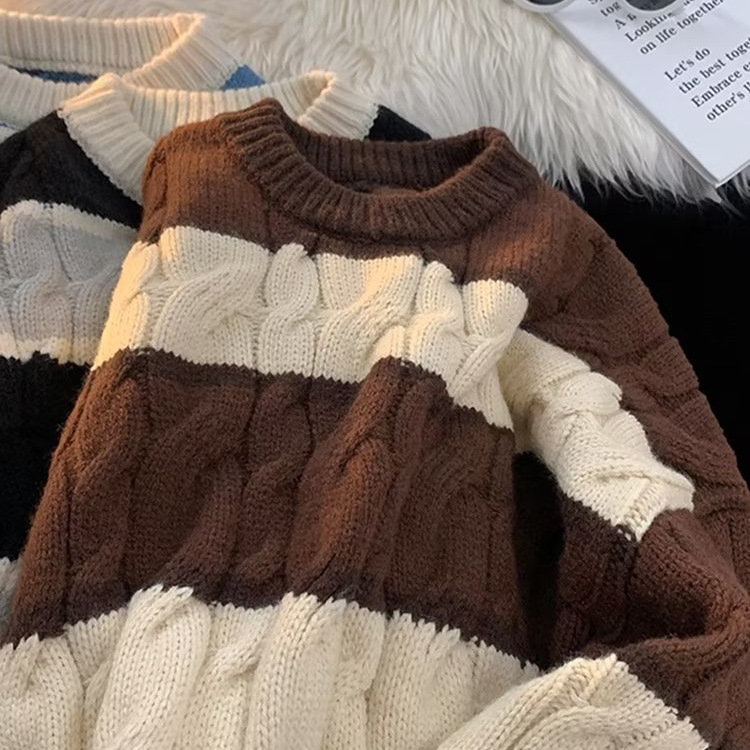 条纹圆领毛衣男女2024春秋季新款宽松慵懒风外穿内搭针织衫外套